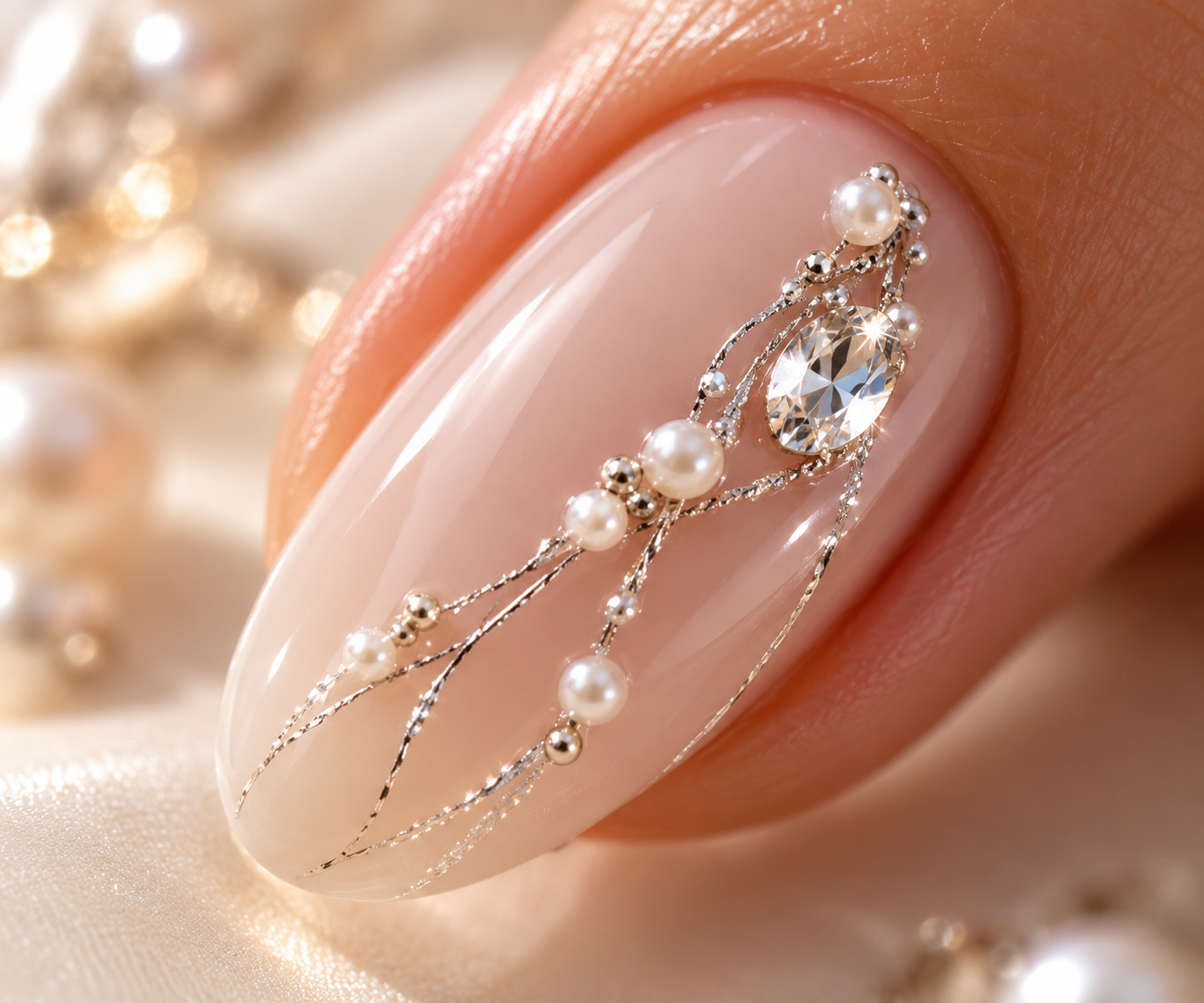 Gros plan sur un ongle amande nude orné de perles, d’une fine chaîne argentée et d’un cristal