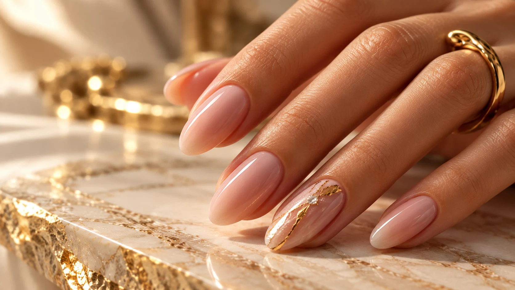 Pose d’Anabelle — ongles nude rehaussés d’une finition dorée précieuse, photographie d’une prestation réalisée