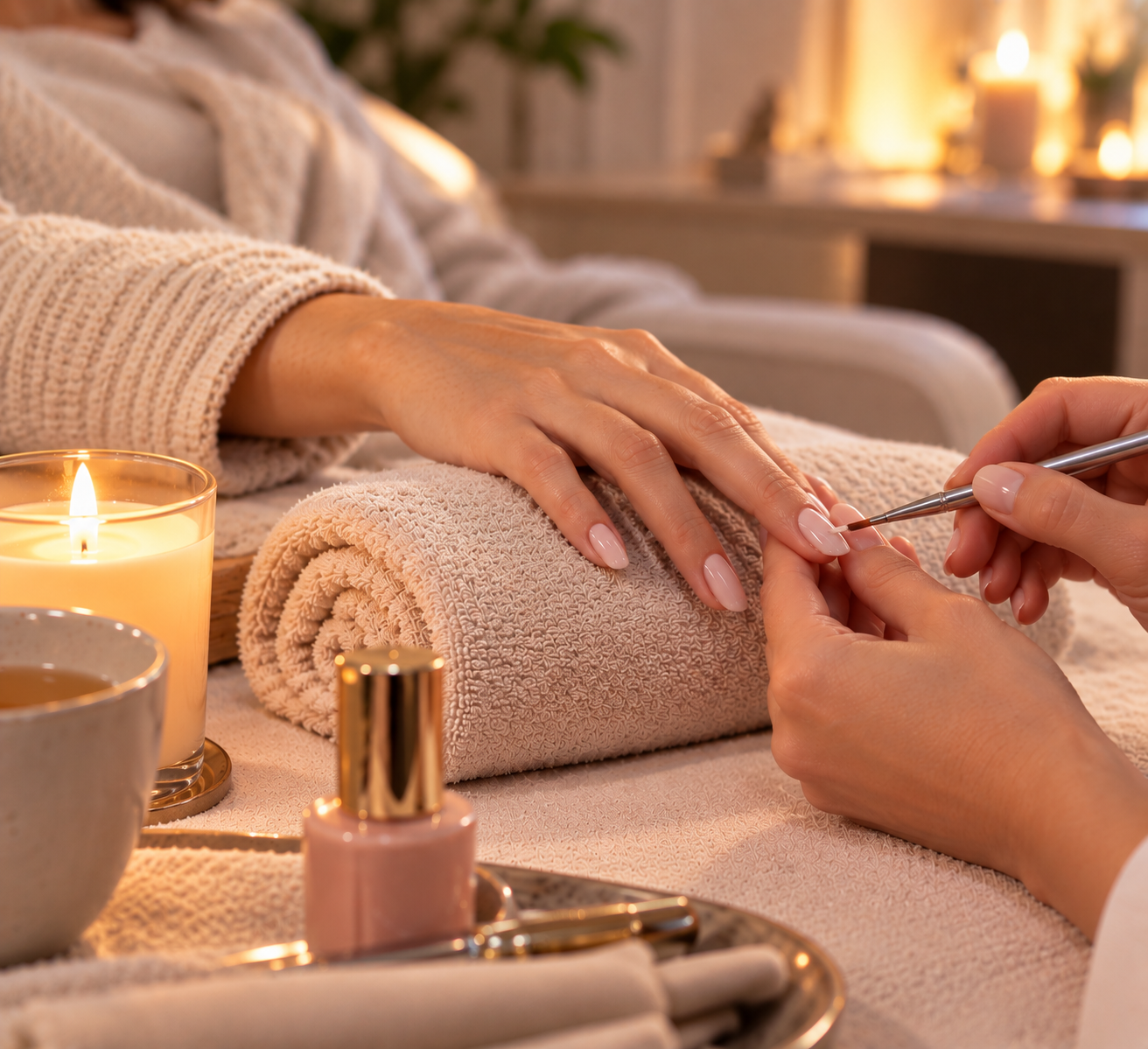 Mains, bougie et soin des ongles dans une ambiance Sophronail — visuel d’inspiration